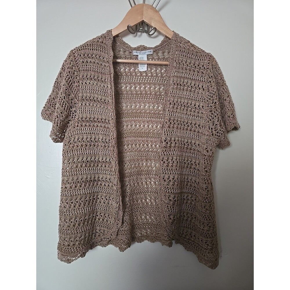 Vintage Sarah Spencer Open Knit Crochet Cardigan Beige Taupe Plus Size 1X Boho
